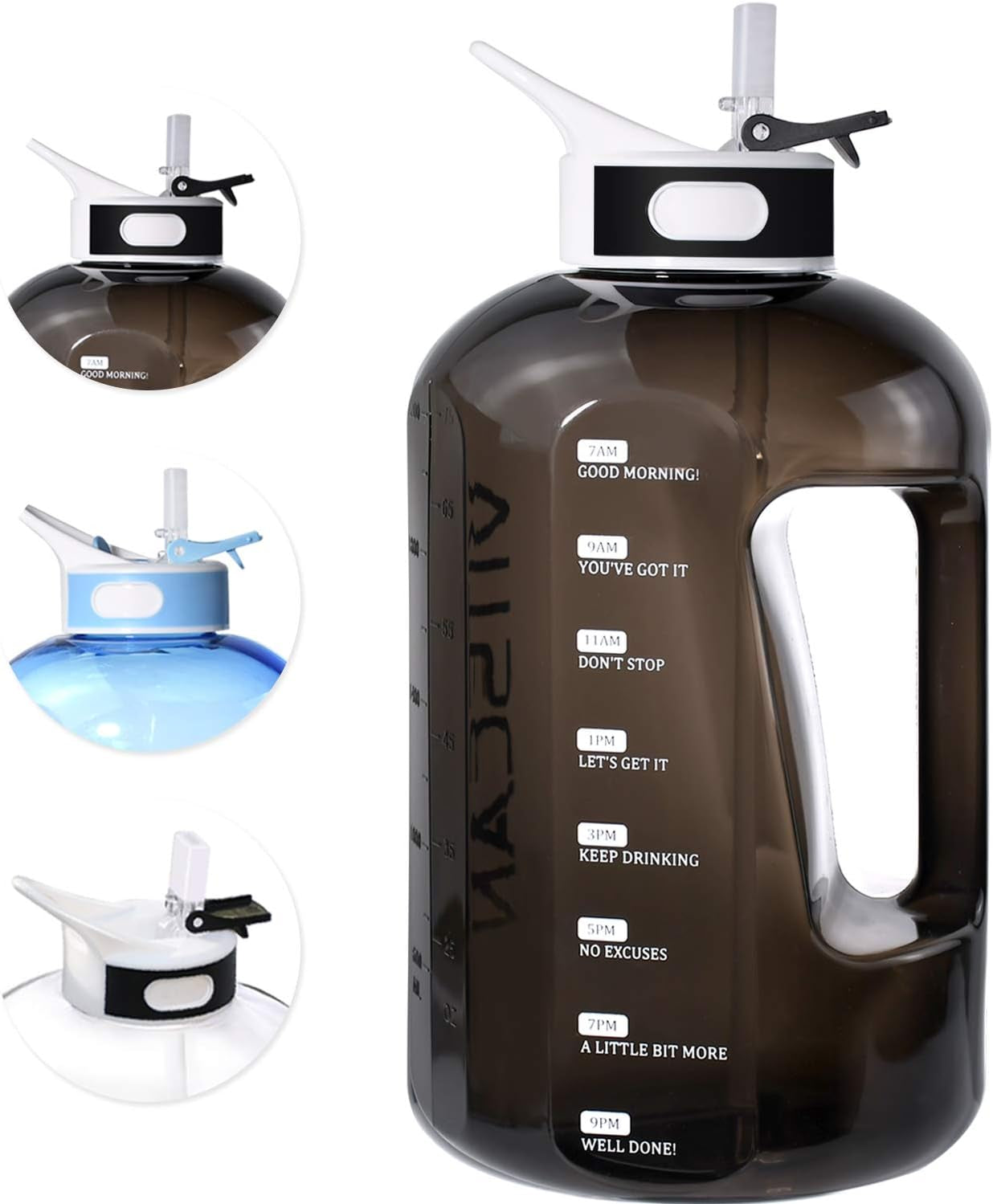 Motivational 1 Gallon Water Bottle with Time Marker, Large 128 Oz Jug for Sports, BPA Free (Black)