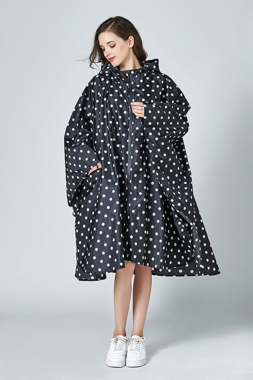 Womens Rain Poncho Stylish Polyester Waterproof Raincoat Free Size with Hood Zipper