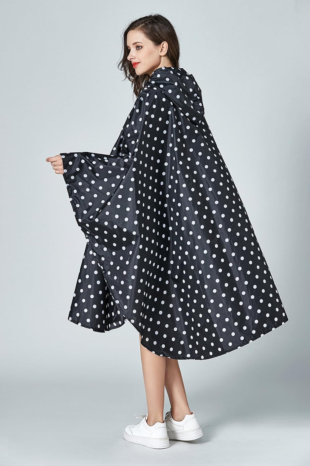 Womens Rain Poncho Stylish Polyester Waterproof Raincoat Free Size with Hood Zipper