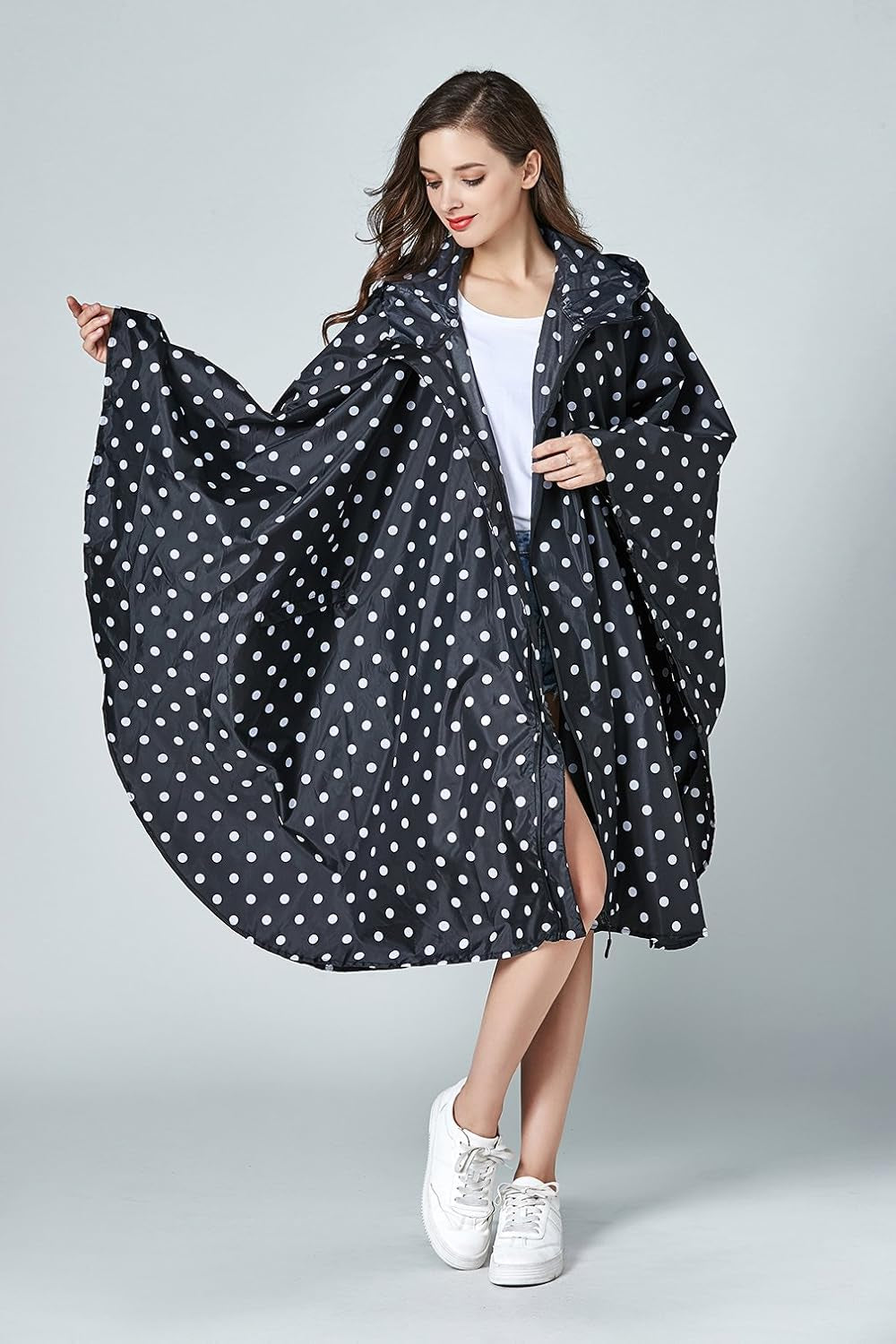 Womens Rain Poncho Stylish Polyester Waterproof Raincoat Free Size with Hood Zipper