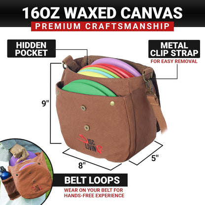 Disc Golf Bag | Frisbee Golf Bag | Easy to Carry | Lightweight Fits up to 10 Discs | 16 Oz Waxed Canvas Sturdy Design | Belt Loop | Double Button Design | Bottle Holder