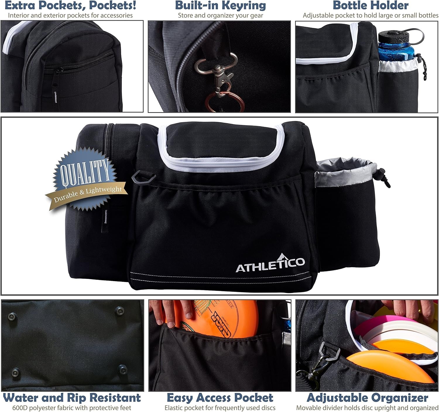 Disc Golf Bag - Tote Bag for Frisbee Golf - Holds 10-14 Discs, Water Bottle, and Accessories