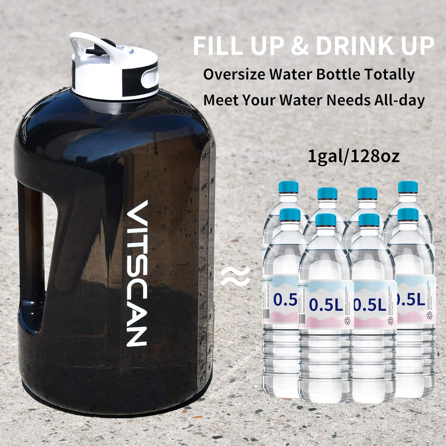 Motivational 1 Gallon Water Bottle with Time Marker, Large 128 Oz Jug for Sports, BPA Free (Black)